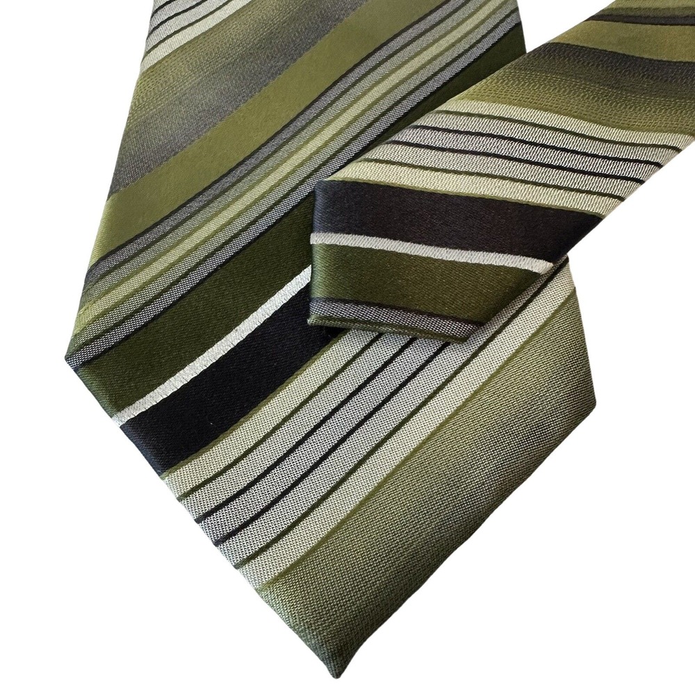 Van Heusen Neck Tie 100% Silk Green/Grey Handmade Stripes Stain Resistant